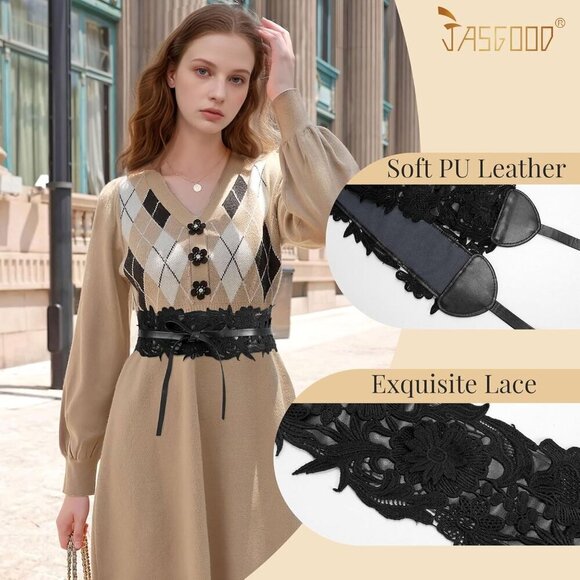 Women Lace Faux Leather Wide Waist Belt Corset Dress Obi Bowknot main image 6
